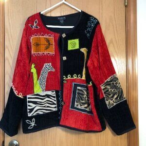 NWOT Vintage First Vision Shirin Red Sweater Jacket Giraffes India Oversized XL